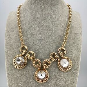 Bold Gold Statement Necklace with Textured Links & Clear Crystal Accents